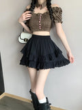 Yipinpay Mini Skirts Women Lace Patchwork Summer 2024 New Stretch High Waist Puffy Pettiskirt Solid Sweet Elegant Skirt Female