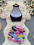 Yipinpay Fashion Trend Hotsweet Print Suits Women Halter Sleeveless Top+ Ruched Bodycon Mini Skirt Streetwea Two Pieces Sets