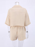 Yipinpay Office Ladies Crepe Two Pieces Shorts Suits Notched Half Sleeves Shirts And Elastic Shorts Cotton Sets Summer 2023