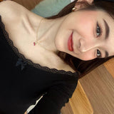 Yipinpay Women Crop Off-Shoulder Tops Lace Patchwork Long Sleeve T-Shirt Casual Pullovers Club Streetwear Aesthetic Clothes