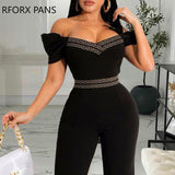 Yipinpay Women Elegant Casual Geo Print Short Puff Sleeves Sexy Straight Working Jumpsuit