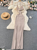 Yipinpay Spaghetti Strap Knitted Beach Long Dress Summer Vintage Hollow Out Sheath Sundress 2024 Elastic Backless Sexy Dress
