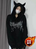 Yipinpay Women Hoodie Cartoon Devil Cowhorn American Retro Pullover 2024 New Couple Fashion Punk Coat Japanese Hip Hop Streetwear