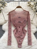 Yipinpay Autumn Sexy Mesh Jumpsuits Perspective Thin Long Sleeve Bodycon Inside Wear 2024 Fashion Print Women Rompsutis