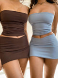 Yipinpay Elegant Sexy Strapless Solid Crop Top And Skirt 2 Piece Set Outfits For Women Fashion Co-Ord Sets Matching Sets Streetwear