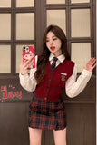 Yipinpay Preppy Style Suit Women's Autumn Red Knitted Cardigan Tank Top Long-sleeve Shirt Plaid Mini Skirt Fashion Three-piece Set