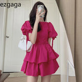 Yipinpay Dresses Woemn Lace Up Ruffles Patchwork Puff Short Sleeve Solid Korean Fashion Spring Summer Ladies Dress Casual