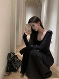 Yipinpay Backless Dresses Women Elegant Bandage Long Sleeve Slash Neck Slim Black Sexy Vintage Temperament Female Fashion