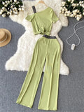 Yipinpay Vacation Casual Sports Suits Summer Off Shoulder Short Camis Tops+High Waist Wide Leg Pants Women Y2K Two Pieces Sets