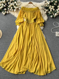 Yipinpay France Retro Maxi Dress Slash Neck Long Lantern Sleeves Lace Patchwork Zipper Solid Women Elegant Senior Vintage Dress