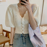 Yipinpay Korean V Neck Crop Top Puff Short Sleeve Sweater Mujer Summer Cardigan Knitted Cropped Cardigan Sueters Hollow Sweet