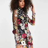 Yipinpay Embroidery Elegant Luxury Women Mini Dress Half High Collar Long Sleeve Dresses 2023 Spring Evening Party Lady Vestido