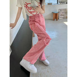 Yipinpay Waist Pink Women Jeans Clothing All-match Vintage Korean Fashion Streetwear Spring Autumn Wide Leg Denim Trousers Female
