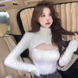 Yipinpay Mink Cashmere Turtleneck Sweater Women Jumper Y2k Clothes Sueters De Mujer Crop Tops Hollow Out Knit Sweaters Pink