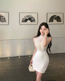 Yipinpay Spicy Girl Lace Stitching Dress Women Summer White Temperament Waist Sleeveless Wrap Hip Short Dress Fashion Lady Clothes