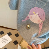 Yipinpay Cartoon Sweaters Jumper Sueter Mujer Y2k Top Slim Crop Puff Short Sleeve Sweater Femme Women Knitted Shirt Pull T-shirts