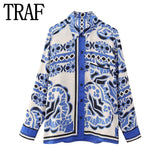 Yipinpay Blue Print Satin Shirt Woman Long Sleeve Top Female Vintage Button Up Shirt Women Casual Loose Summer Blouses Woman 2023