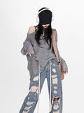 Yipinpay Hollow Out Sweater Women Streetwear Y2k Grunge Ripped Hole Long Sleeve Loose Knit Sweater Harajuku Fashion Pullover