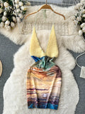 Yipinpay Summer Halter Sexy Beach Dress Women Patchwork Bohemian Print Short Sundress Hotsweet Backless Slim Knit Short Dress