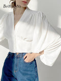 Yipinpay French V-neck Shirts Women Sexy Elegant Fashion Casual Lantern Sleeve Blouses Woman Vintage Crop Tops White OL Blusas