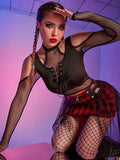 Yipinpay Gothic Mesh T-shirt Women Vintage Streetwear Punk Aesthetic Lace Up Patchwork Tee Tops Y2k Open Shoulder Emo Alt Clothes