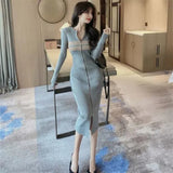 Yipinpay Hip Contrast Grey Black Striped Dress Women Robe Casual Wild Vestidos Knitted Zipper Dress 2023 Ropa Sweater Pencil