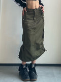 Yipinpay Long Cargo Skirt Women Y2k Streetwear Vintage Pocket High Waist Side Split Shirring Casual Straight Midi Skirt Korean