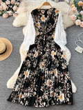 Yipinpay Ethnic Style Print Dress Women Spring New Fashion Puff Sleeve Lace-up Design Sheath 2024 Retro A-Line Long Dress