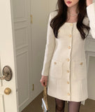 Yipinpay Square Neck Tweed Dress Mini Long Sleeve Pocket Vestido Curto Fall 2023 Winter White Vintage Elegant Black Korean Vestido