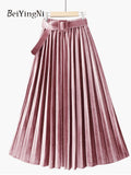 yipinpay Autumn Winter Skirt Women With Belt Long Metallic Silver Maxi Pleated Skirt Midi High Waist Fashion Vintage Saia Party