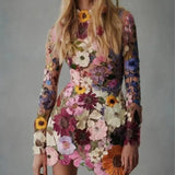 Yipinpay Embroidery Elegant Luxury Women Mini Dress Half High Collar Long Sleeve Dresses 2023 Spring Evening Party Lady Vestido