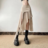 Yipinpay Spicy Girl Style Light and Thin Split Mesh Irregular Skirt for Women High Waist Slim Versatile Mid Length y2k Skirt