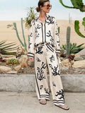 Yipinpay Floral Print Long Pants Sets Women 2024 Chic Lapel Long Sleeve Shirt Wide Leg Trousers 2 Pieces Sets Lady Street Outfits