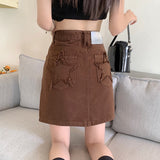 yipinpay Women's Vintage Brown Denim Half Body Skirt High Waist Casual American Fashion Baggy A-Line Jean Short Midi Skirt Ladies Summer