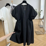 Yipinpay French Loose Jacquard Lantern Short Sleeve Dress for Women Summer Black White Casual Wild Doll Dress Vestidos De Mujer