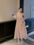 Yipinpay Sweet Dresses Women Bow Bandage French Style Chic Sleeveless Elegant Loose Summer New Female Dress Pink Chic