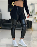 Yipinpay Contrast PU Leather High Waist Skinny Pants Female clothing y2k pants women's bottom new fashion bottom black trouser