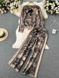 Yipinpay Winter Knitted Print Sets Women O Neck Long Sleeve Knitwear+Wide Leg Long Pants Fashion Retro Sweater Two Pieces Suits