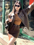 Yipinpay Fashion Brown Leather Jacket Women Streetwear Zipper Moto Biker Leather Coat Loose High Street Aviator Leather Jacket Woman