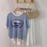 Yipinpay Letter Print Crochet Top Women Korean Dongdaemun 2023 Summer Knit T-shirt Contrast Hollow Short Sleeve Tee Knitwears