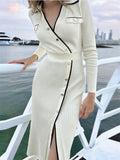 Yipinpay White Patchwork Knit Maxi Dress For Women Slim Lace-Up High Waist Split Elegant Party Dress Fashion Lapel Knitwear Dress