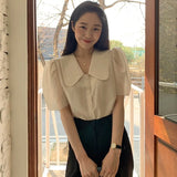 Yipinpay Temperament Simple Lapel Top Camisas Summer Blouse Vintage Short Sleeve Shirt Blusas Mujer De Moda Doll Shirts for Women