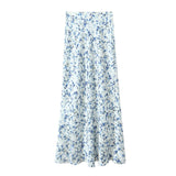 Yipinpay New 2024 Women Floral Print Satin Long Skirt Vintage High Elastic Waist A-line Spring Summer falda larga