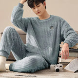 Yipinpay Men's Winter Warm Plush Thickened Sleepwear Set French Loose Flannel Pijama Trousers Two Pieces Suit Male Cute Nightwear