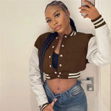 Yipinpay Women Slim-Fit Baseball Uniform Winter Girls Long Sleeve Button Cropped Jacket Splicing Color Fashionsports Style