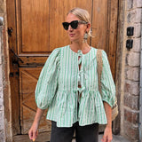 Yipinpay Lace Up Striped Shirts Women 2024 Spring Summer Chic Elegant O-neck Loose Long Sleeve Shirts Female Casual Strret Tops
