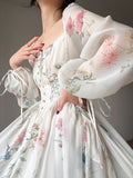 Yipinpay Elegant Floral Midi Dress Chiffon Long Sleeve Evening Party Dress Woman Beach Fairy One Piece Dress Korean 2024 Summer