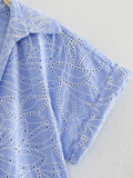 Yipinpay Embroidery Long Dresses For Women Cut Out Blue Shirt Dress Woman Ruffle Summer Dress Woman 2023 Short Sleeve Casual Dresses