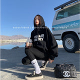 yipinpay Women Green Hoodie Letter Print Drawstring Sweatshirt  Korean Fashion Hip Hop Leisure Fleece Thicken Winter New Tops Pullover