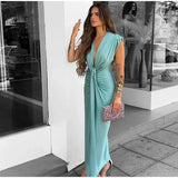 Yipinpay Pleated Lace Up Deep V-neck Dress Women Chic Solid Sleeveless High Waist Split Dresses Summer Lady Party Banquet Vestidos